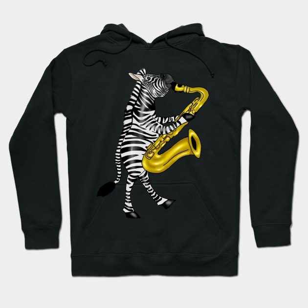 Funny Zebra Saxophone Jazz Lovers Gift Fine Art Hoodie by Merchweaver